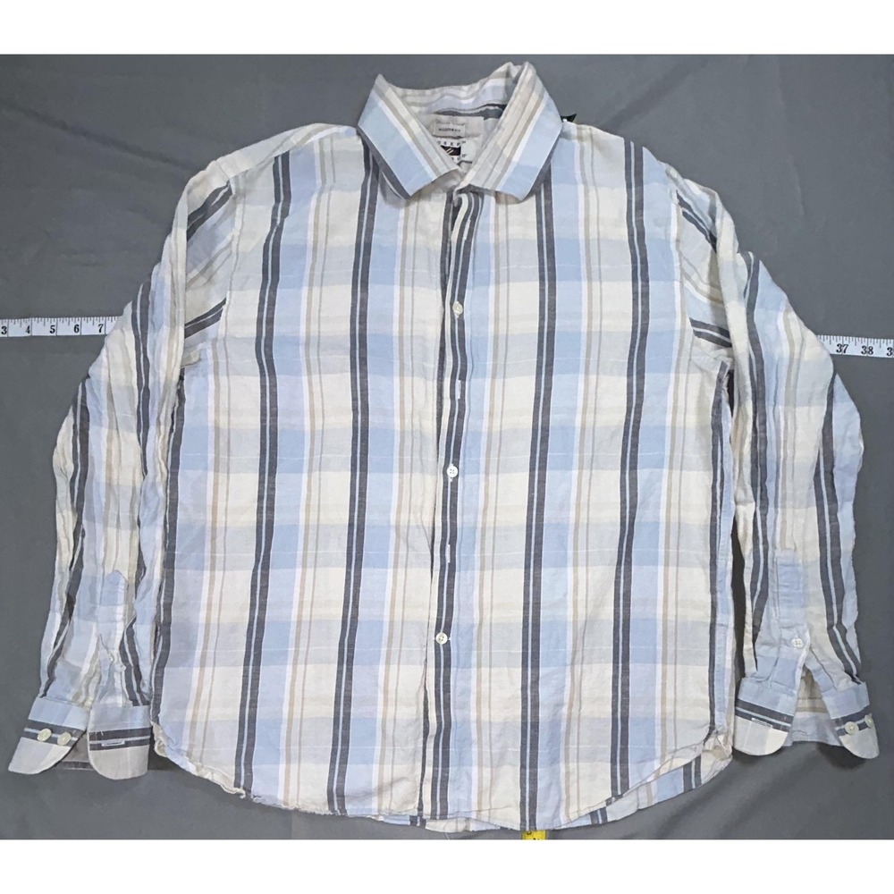 Joseph Abboud Shirt Mens XL Blue Plaid Cotton Linen Long Sleeve Button Up Casual